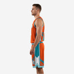 Right side view of orange and teal sublimated basketball uniform set with brushstroke graphic