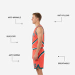 Back view of the coral-orange reverse side of the reversible basketball jersey with teal binding and sublimated player name and number