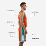 Close-up of orange and teal custom basketball jersey with V-neckline trim and sublimated graphic