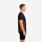 Left side view of orange soccer training jersey showing orange stripe panel sweep and sleeve cuff trim detail