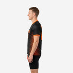 Right side view of orange soccer training jersey displaying back number placement and side panel sublimation