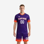Front view of custom soccer uniform kits for teams in Royal Purple with Neon Orange gradient trim and white team name print