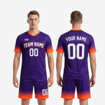 Back view of custom soccer uniform kits for teams in Royal Purple with Neon Orange gradient showing back name and number print zones