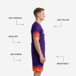 Shorts detail on custom soccer uniform kits for teams in Royal Purple and Neon Orange gradient with white player number on leg