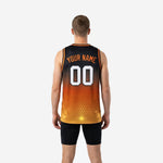Opposite side view of custom orange and yellow basketball jersey displaying the sublimated hex pattern and athletic cut silhouette