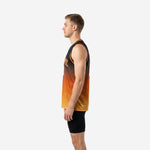 Side view of orange and yellow basketball jersey showing straight hem, sleeveless cut and gradient from black shoulder to gold hem