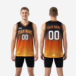 Size and spec sheet for custom orange and yellow basketball jersey showing youth and adult sizing options for team roster orders