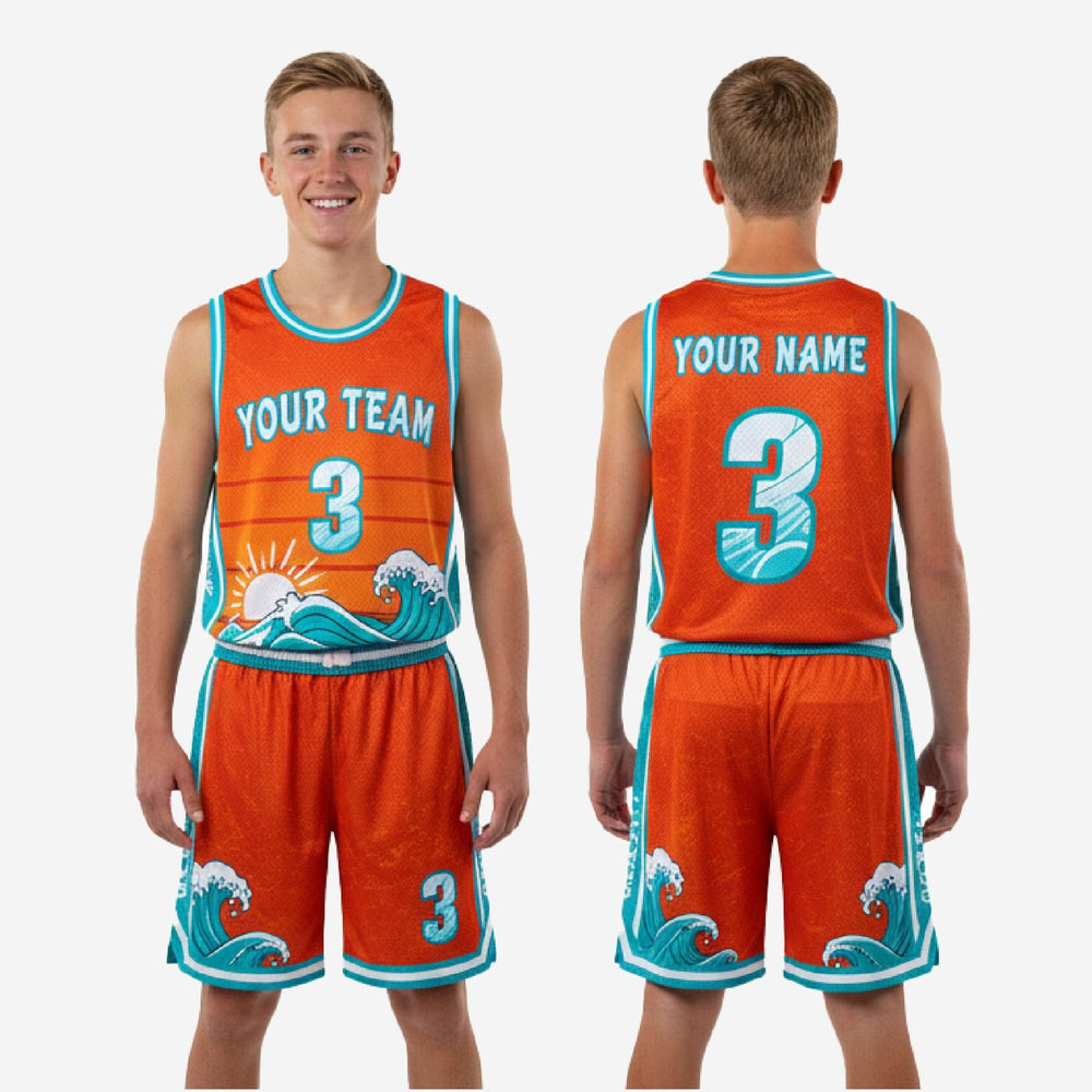 Wave Graphic Custom Orange Youth Basketball Uniforms - Teal Set