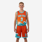 Size and specification sheet for orange and teal custom youth basketball uniform set with wave graphic