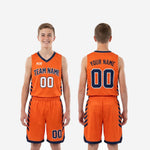 Youth basketball uniform size and specification sheet for orange and navy custom sublimated jersey and shorts set