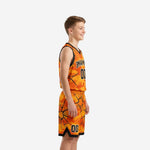 Front view of orange youth basketball uniforms showing V-neck jersey with team name arc and matching camo shorts