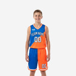 Custom orange youth basketball uniforms in royal blue and orange diagonal split showing full jersey and shorts set front and back view