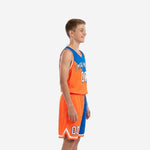 Front view of orange and royal blue custom youth basketball uniform with white V-neck trim arced team name and number 00 on chest