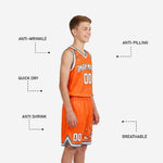 Close detail of orange and gray splash pattern on youth basketball jersey showing gray and white dot splatter sublimation print quality