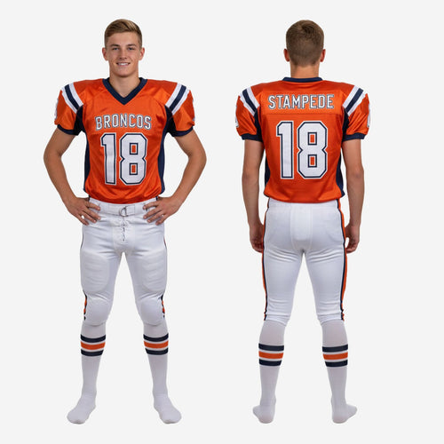 Size and specification sheet for custom orange and navy youth football uniforms showing youth sizing range and print zone details