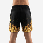 Right side view of black and gold custom basketball shorts showing clean hem finish and side split opening at the leg