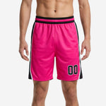 Custom basketball shorts pink and black colorway with full-length black and white side stripe, player number sublimated at lower left thigh, front view