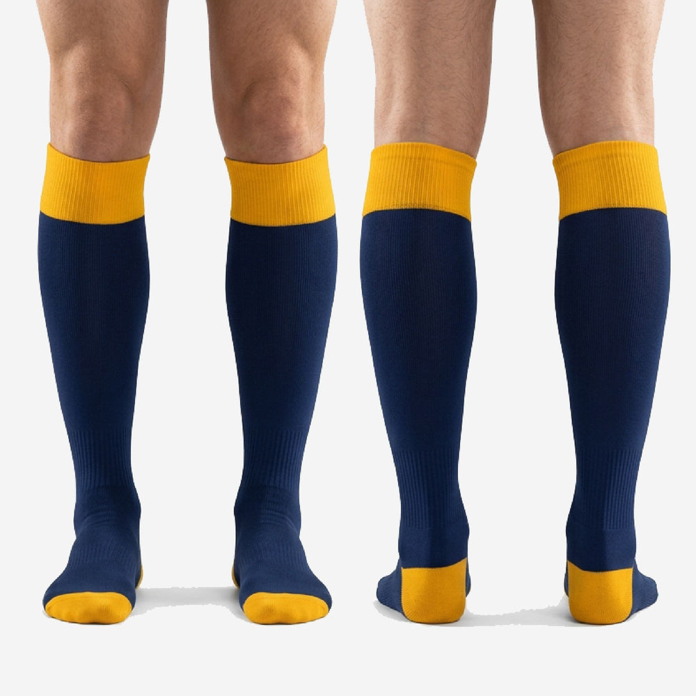 Contrast Cuff Blue and Gold Soccer Socks in Custom Navy