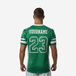 Back view of custom football jerseys with logo nameplate area and back number in kelly green and white full-dye sublimation