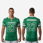 Detail view of the kelly green mesh football jersey showing white V-neck collar binding and sleeve stripe sublimation quality