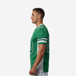 Opposite side view of the green and white sublimated football jersey showing sleeve number placement on the shoulder cap