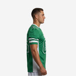 Side view of a men custom football jersey in kelly green showing set-in sleeve, white sleeve stripes, and white mesh side panel construction