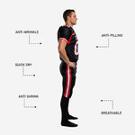 Black and red american football uniform back view showing back number placement and matching pant side stripe