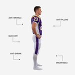 Personalized American football uniform back view showing back number placement on purple jersey and purple side stripe running from hip to knee on white pants