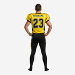 Back view of personalized American football uniform in yellow and black showing back number, nameplate area, and black pant with yellow leg stripe