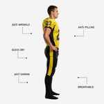 Close detail of sublimated yellow and black football uniform showing team name, front number, and black V-neck collar construction