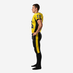 Opposite side view of yellow and black custom American football uniform showing jersey side panel and matching pant stripe detail