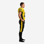Side view of yellow and black personalized American football uniform showing sleeve number, black side panel, and yellow outer-leg pant stripe