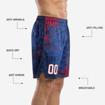 Back view of navy and red custom basketball shorts showing full sublimated grunge-star pattern and elastic waistband construction