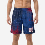 Personalized basketball shorts in navy and red grunge-star sublimated print with white player number 00 on the front leg panel, worn by a male model