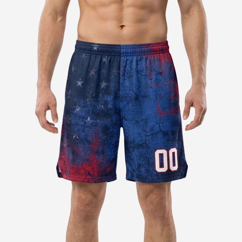 Personalized basketball shorts in navy and red grunge-star sublimated print with white player number 00 on the front leg panel, worn by a male model
