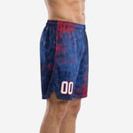 Side view of navy and red grunge-star custom basketball shorts showing elastic waistband, side split at the hem, and number placement on the leg panel