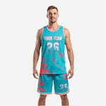 Personalized basketball uniforms in teal and coral splash design, front view full uniform set