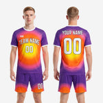Complete unique soccer uniform set in purple orange gradient, jersey and matching shorts displayed as full 2-piece kit