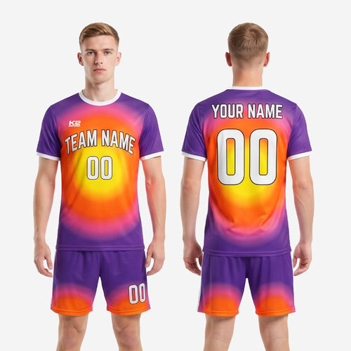 Complete unique soccer uniform set in purple orange gradient, jersey and matching shorts displayed as full 2-piece kit