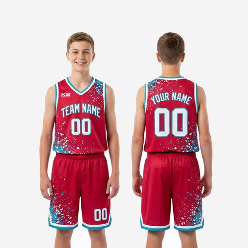 Back view of personalized red youth basketball uniform showing back number and player name placement on fully sublimated jersey