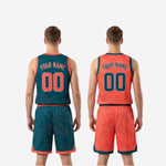 Close detail of teal sublimated contour-line pattern on reversible basketball jersey with coral-orange contrast trim at neckline
