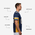 Custom American football jersey back view in navy and gold showing back number placement and player nameplate area