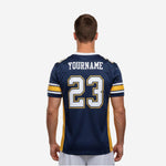 Navy and gold personalized football jersey left side view with short set-in sleeves and white stripe trim at mid-sleeve