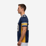 Custom youth football jersey in navy and gold right side view showing gold mesh side panel and sublimated sleeve stripe bands
