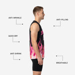 Back view of custom pink basketball jersey designs showing flame sublimation pattern and back number and name placement zones