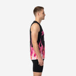Front view of custom pink basketball jersey designs showing arched team name in pink and white front number 00 on black chest with pink flames below