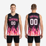 Size and specification chart for custom pink basketball jersey designs showing youth and adult sizing dimensions