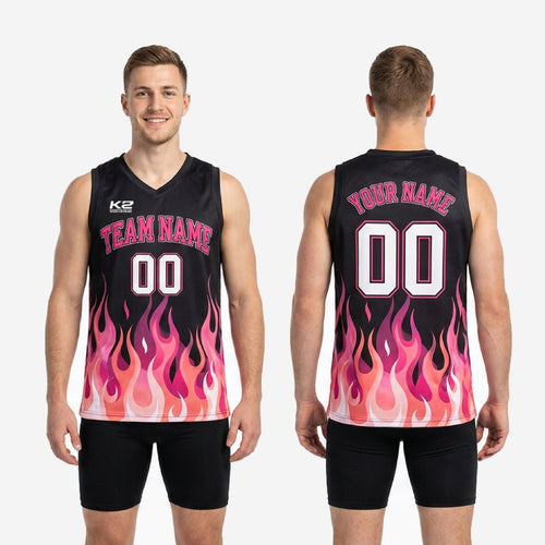 Size and specification chart for custom pink basketball jersey designs showing youth and adult sizing dimensions