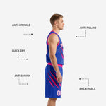 Back view of pink basketball uniforms showing player name placement and back number on royal blue fully sublimated jersey