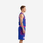 Custom pink basketball uniform front view showing V-neck jersey with hot pink binding and arced team name above white front number
